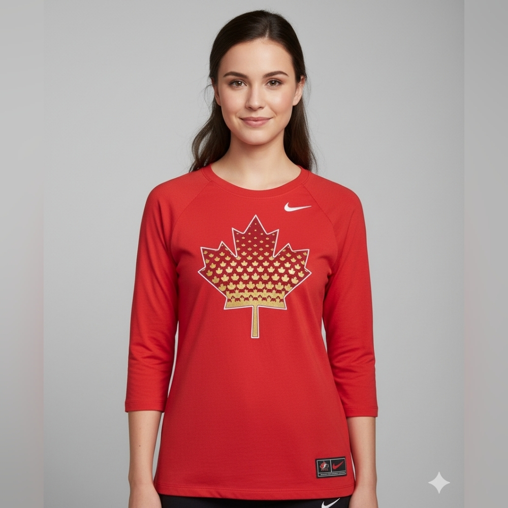 The Nike Tee 1914 Women's Red Canadian Print Long Sleeve Graphic Tee Sz Small 🐈